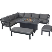 Berlin Large 9 seater Outdoor Fabric and Aluminium Corner Casual Dining Set with Firepit Table