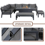 Berlin Large 9 seater Outdoor Fabric and Aluminium Corner Casual Dining Set with Firepit Table