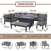 Berlin Large 10 seater Outdoor Fabric and Aluminium Corner Casual Dining Set with Firepit Table