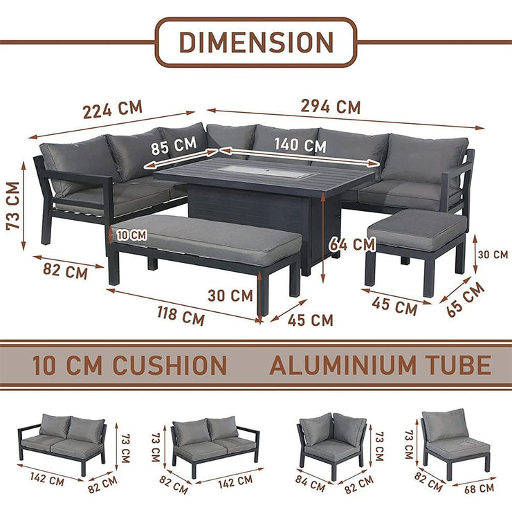 Berlin Large 9 seater Outdoor Fabric and Aluminium Corner Casual Dining Set with Firepit Table