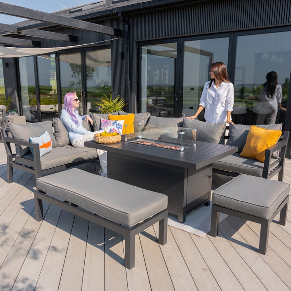 Berlin Large 9 seater Outdoor Fabric and Aluminium Corner Casual Dining Set with Firepit Table