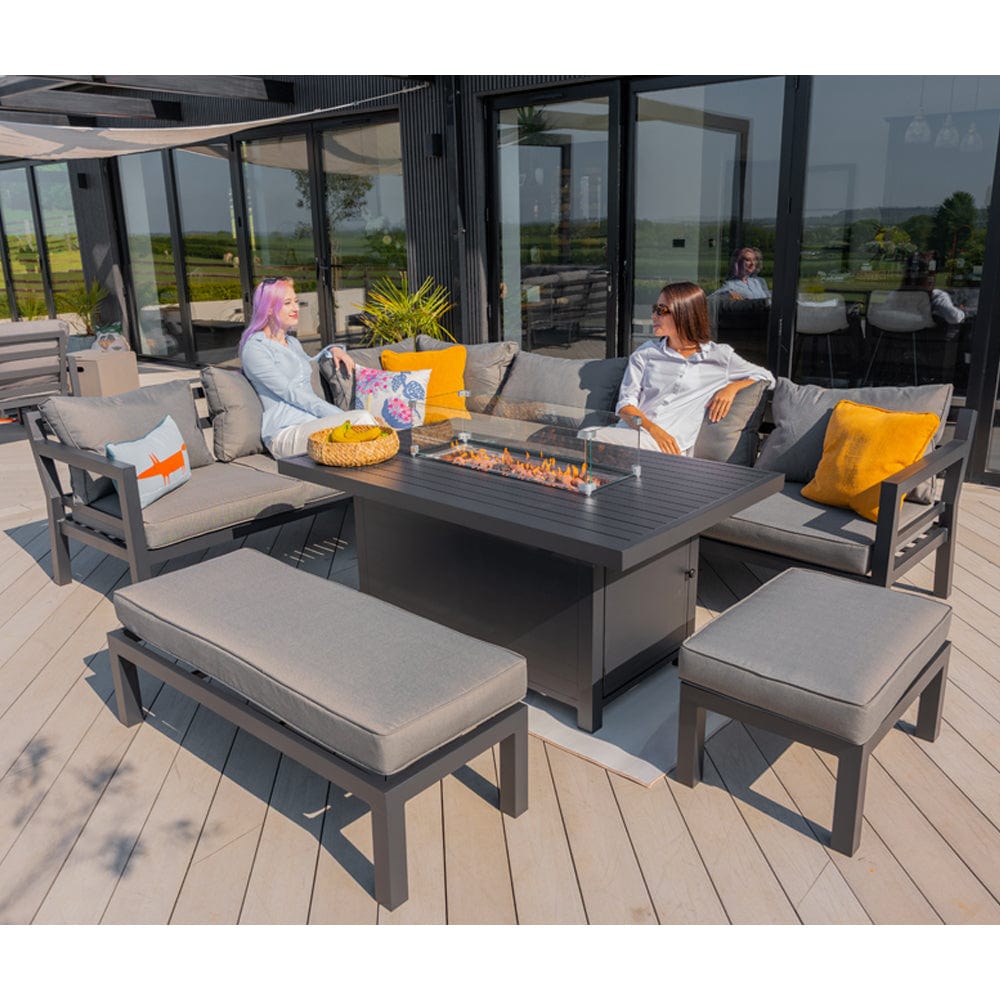 Berlin Large 9 seater Outdoor Fabric and Aluminium Corner Casual Dining Set with Firepit Table