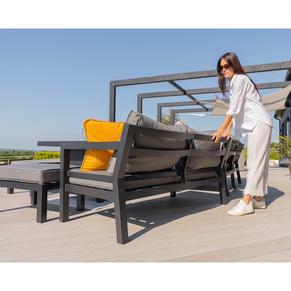 Berlin Large 9 seater Outdoor Fabric and Aluminium Corner Casual Dining Set with Firepit Table