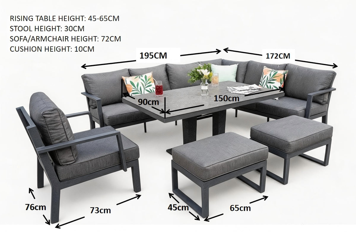 Berlin Outdoor Garden Aluminium 9 Seater Corner Sofa Rising Table Set with Armchair and Stool
