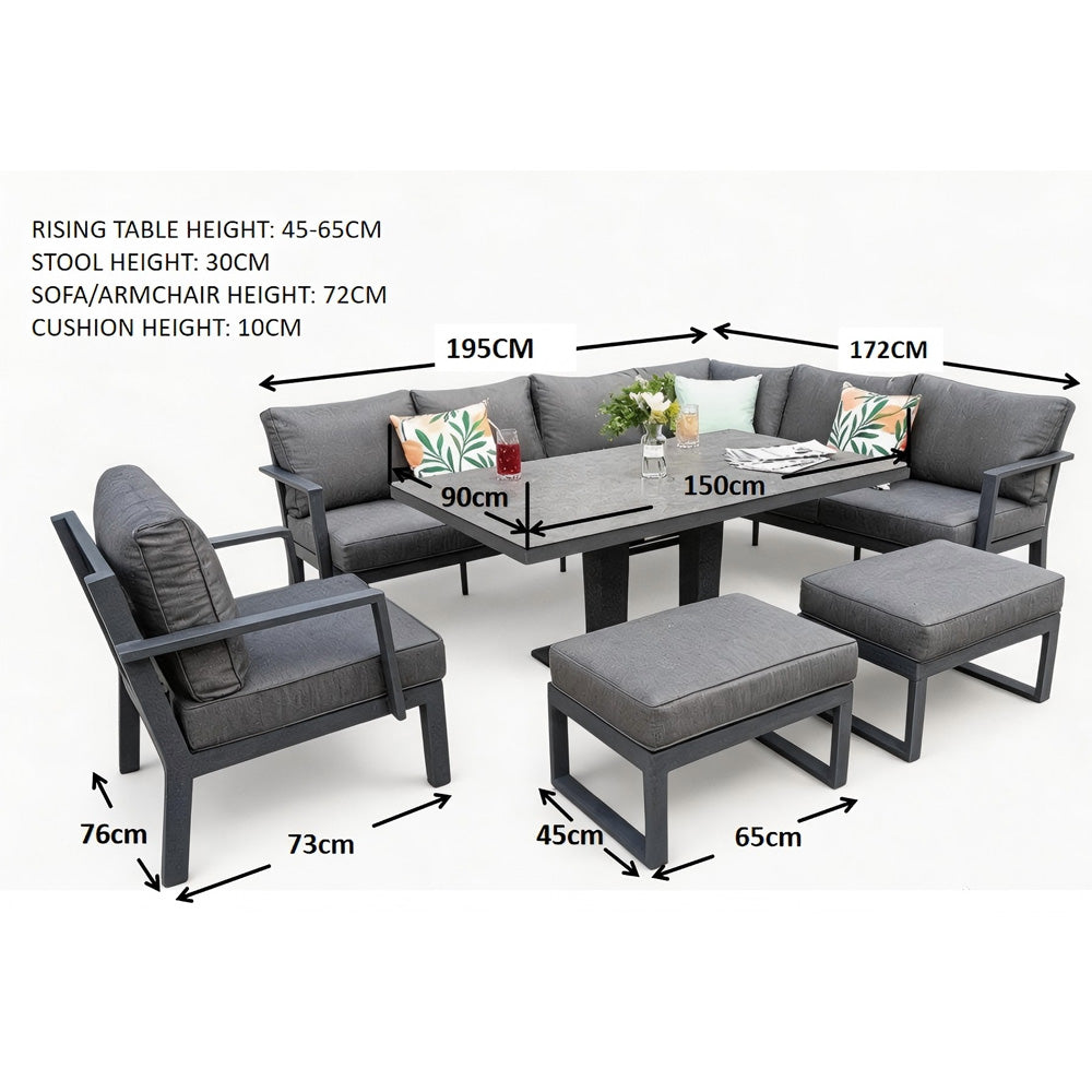 Berlin Outdoor Garden Aluminium 9 Seater Corner Sofa Rising Table Set with Armchair and Stool