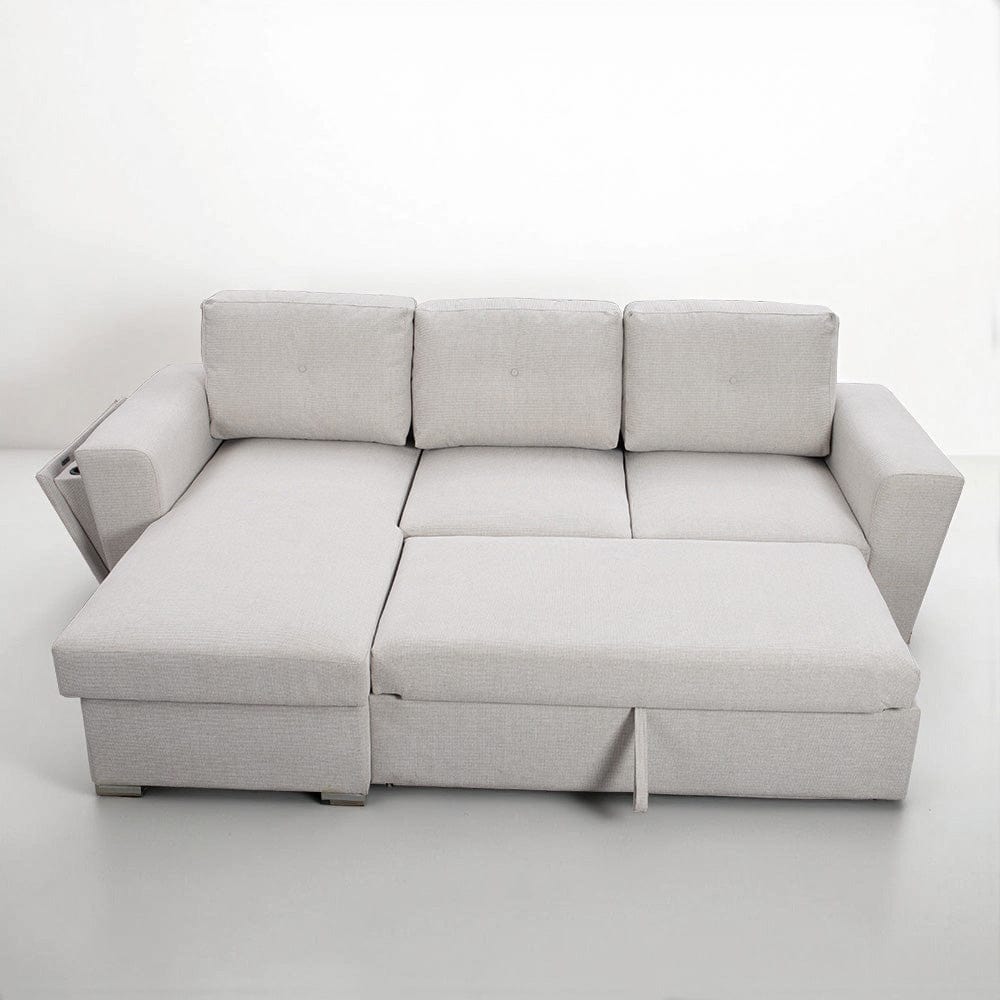 Linen 3 Seater Corner Sofa Bed Reversible Ottoman Chaise Sofa With Cupholder and Wireless Charger