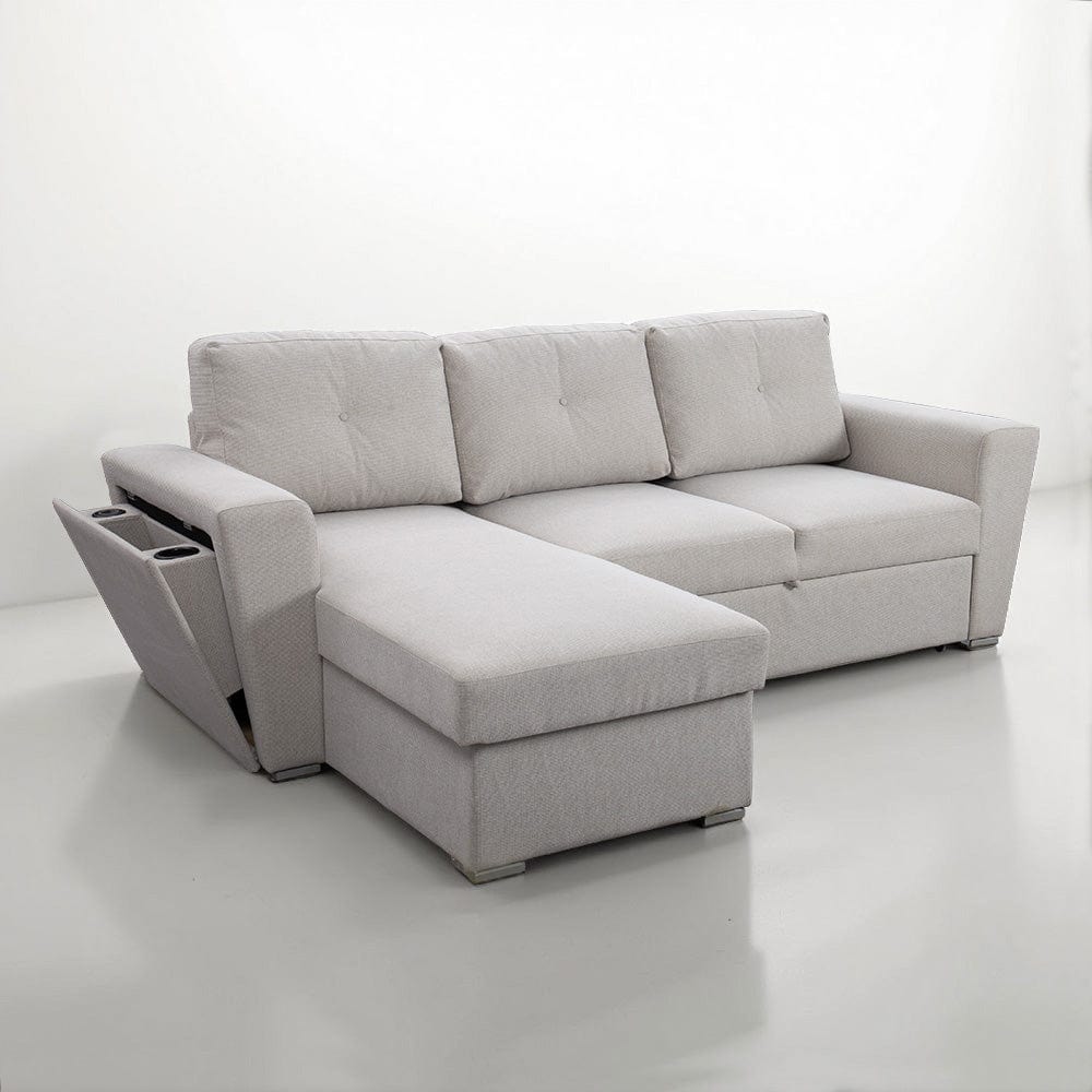 Linen 3 Seater Corner Sofa Bed Reversible Ottoman Chaise Sofa With Cupholder and Wireless Charger