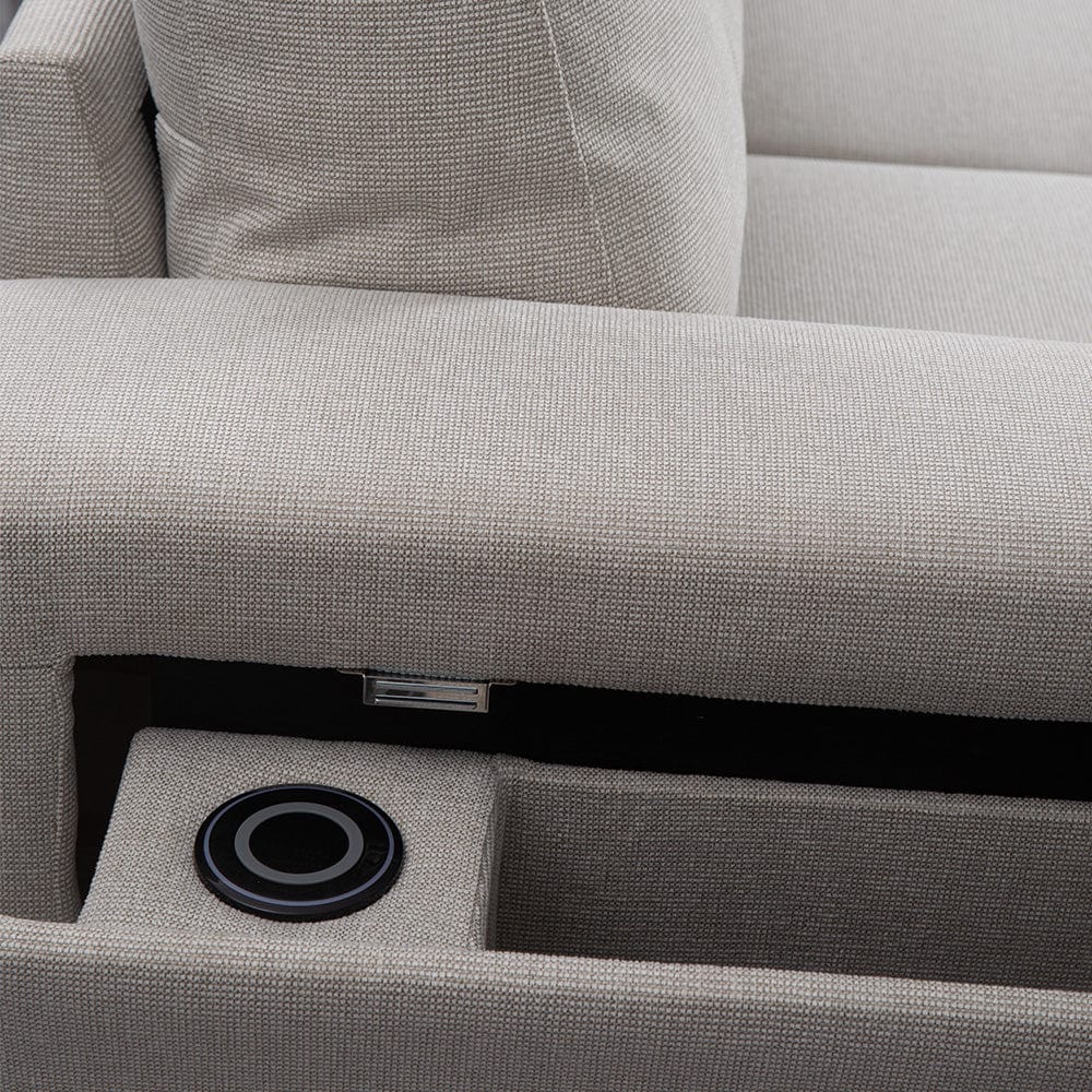 Linen 3 Seater Corner Sofa Bed Reversible Ottoman Chaise Sofa With Cupholder and Wireless Charger