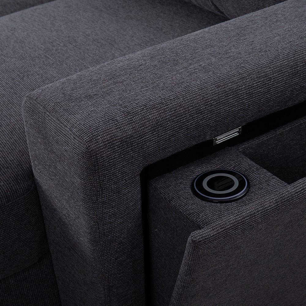 Linen 3 Seater Corner Sofa Bed Reversible Ottoman Chaise Sofa With Cupholder and Wireless Charger