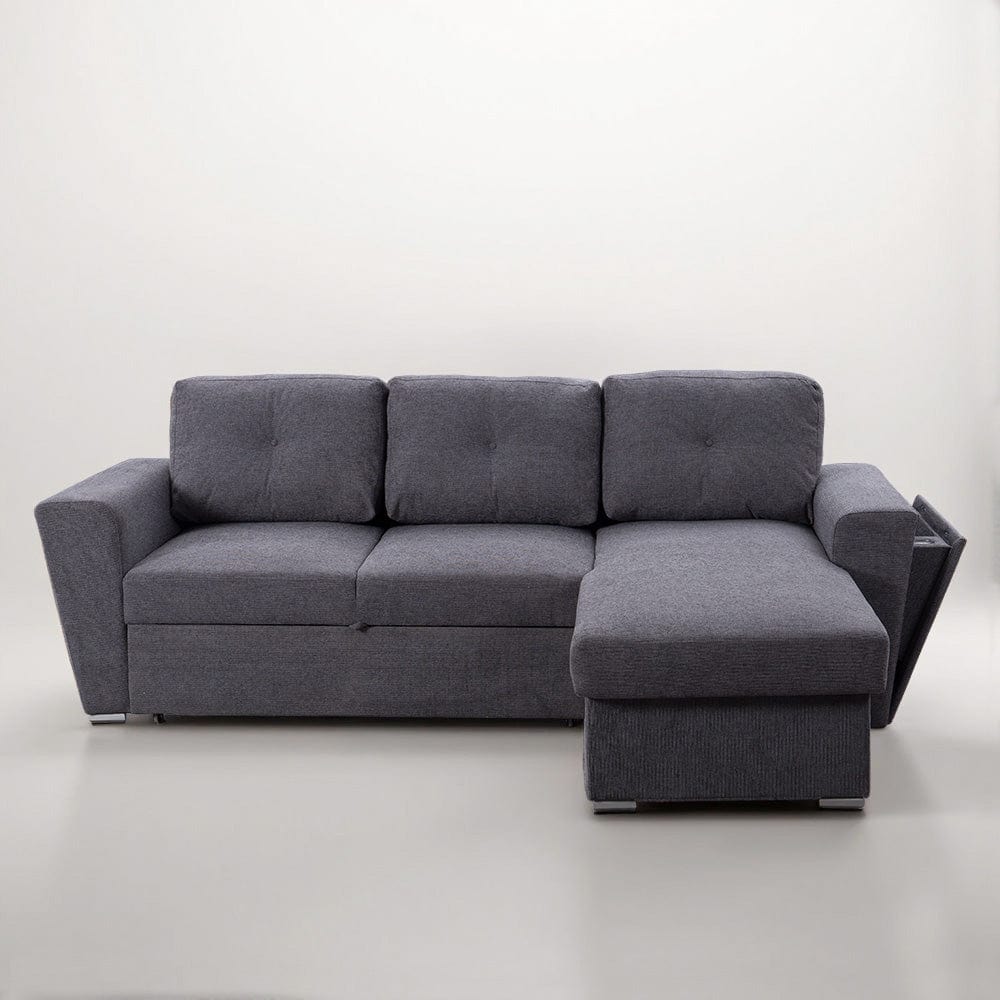 Linen 3 Seater Corner Sofa Bed Reversible Ottoman Chaise Sofa With Cupholder and Wireless Charger