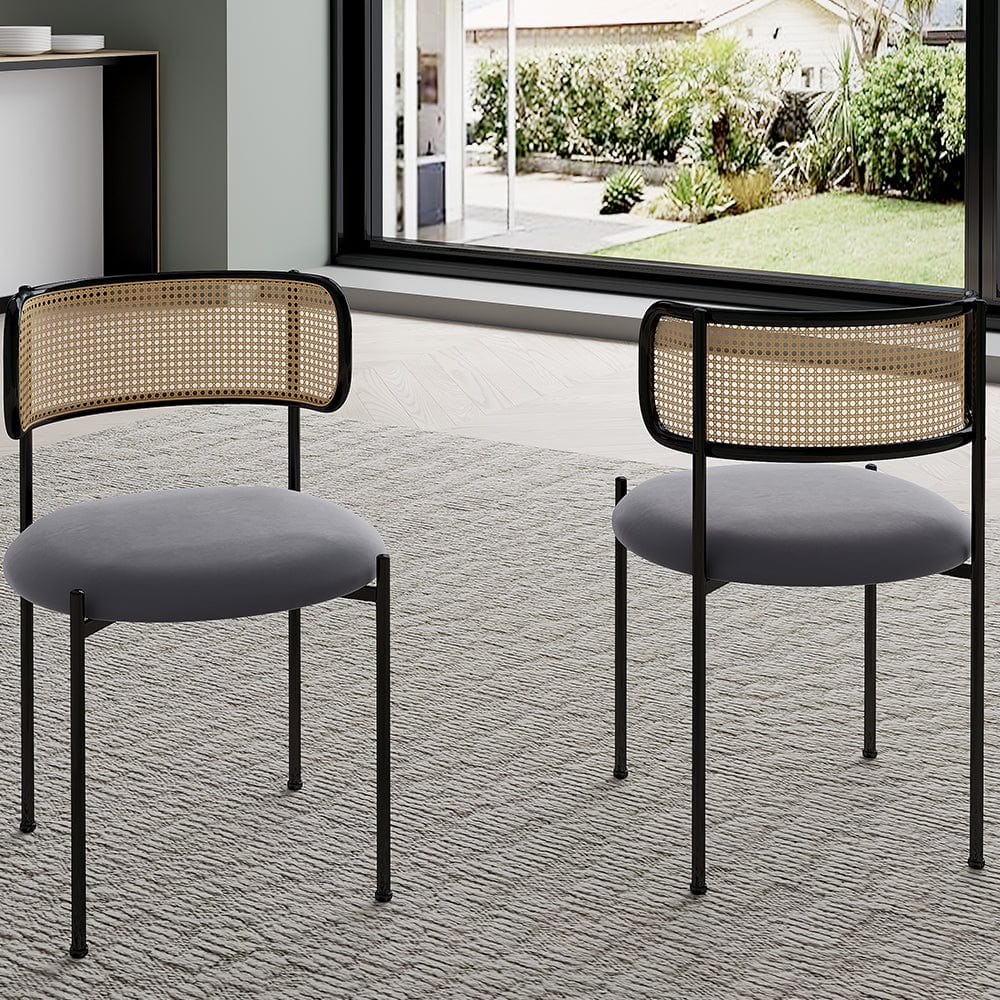 Set Of Boho Velvet Dining Chair With Curved Rattan Backrest