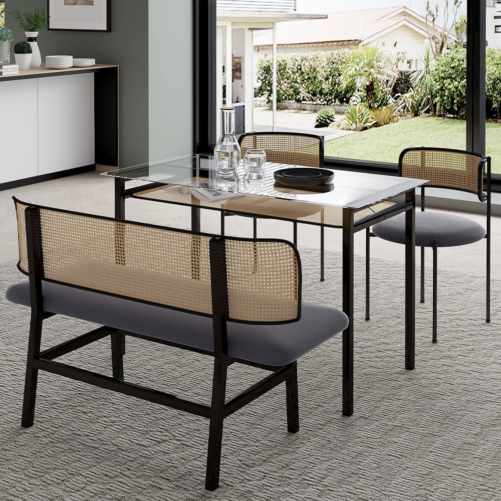 Boho 120CM Glass Top Rattan Dining Table Set With Chairs And Bench