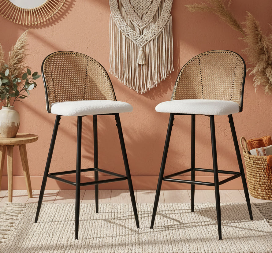 Set Of 2 Boho Boucle Rattan Bar Stool Bar Chairs