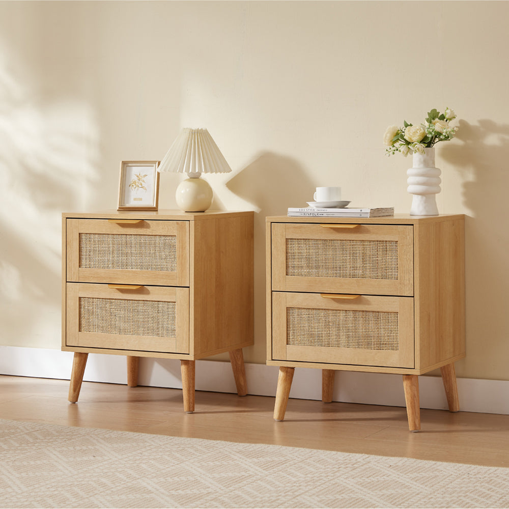 Boho 2 Drawers Rattan Decorated Bedside Storage Cabinet