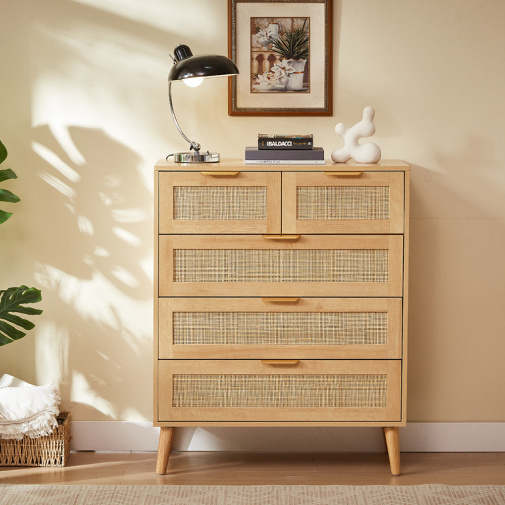Boho 3+2 Drawers Chest Rattan Decorated Storage Cabinet