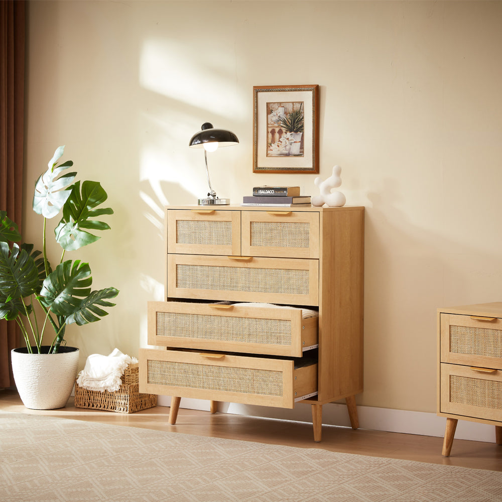 Boho 3+2 Drawers Chest Rattan Decorated Storage Cabinet