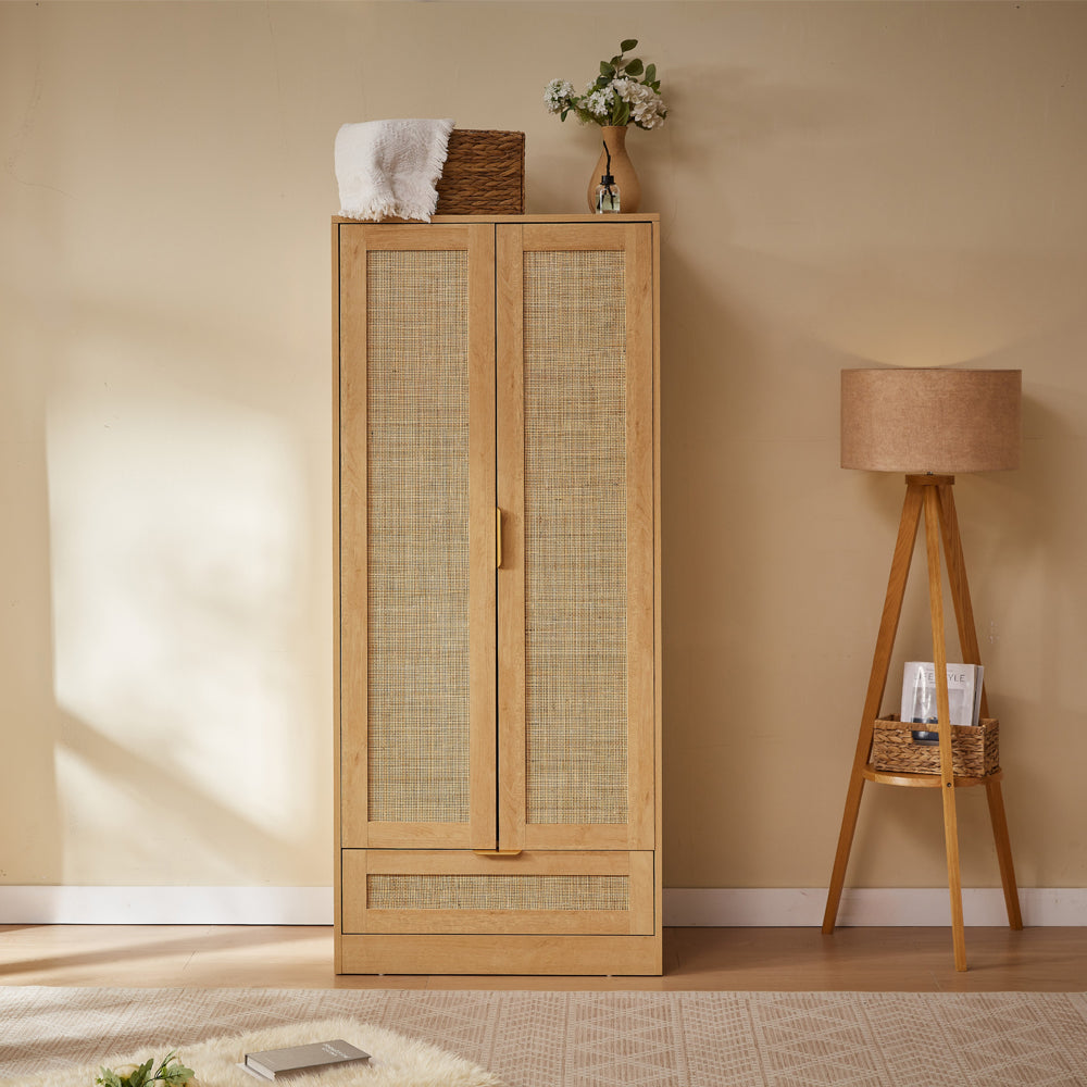 Boho 2 Door 1 Drawer Rattan Decorated Wardrobe