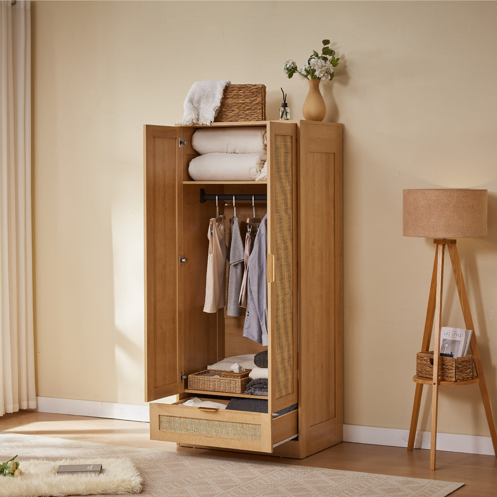 Boho 2 Door 1 Drawer Rattan Decorated Wardrobe