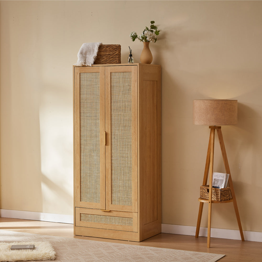 Boho 2 Door 1 Drawer Rattan Decorated Wardrobe
