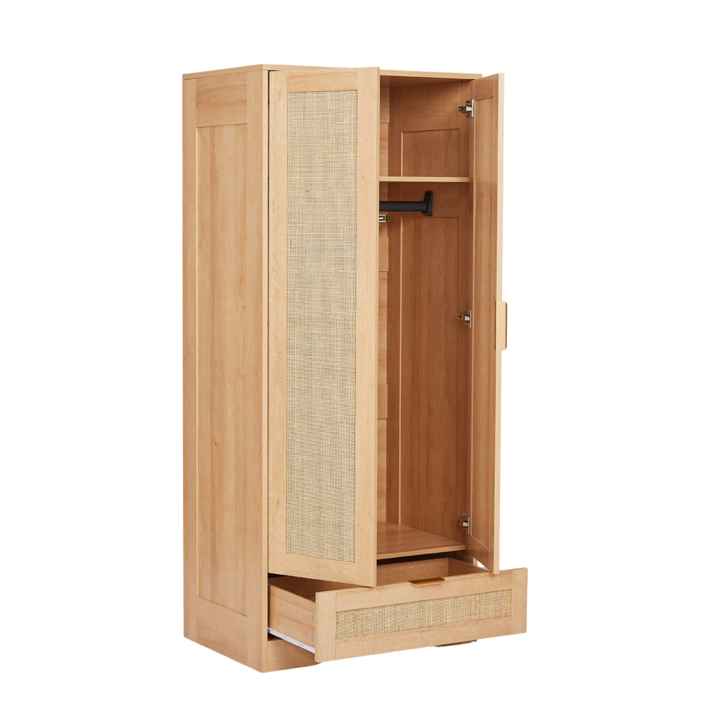 Boho 2 Door 1 Drawer Rattan Decorated Wardrobe