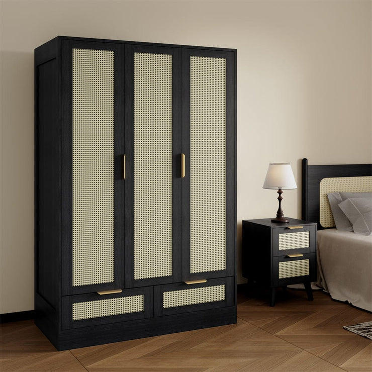 Boho 4 Piece Rattan Bedroom Wardrobe Set With Chest Drawer And Bedside Table