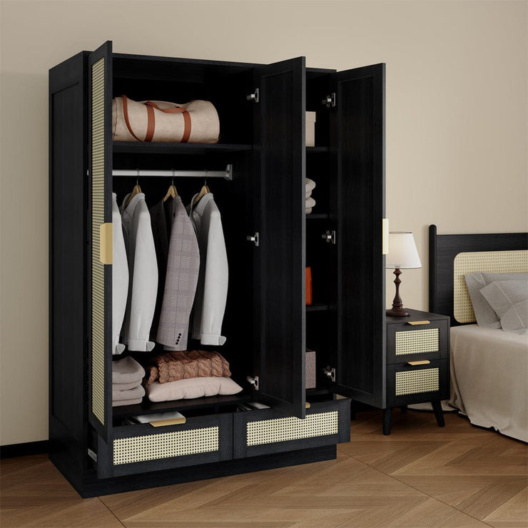 Boho 4 Piece Rattan Bedroom Wardrobe Set With Chest Drawer And Bedside Table
