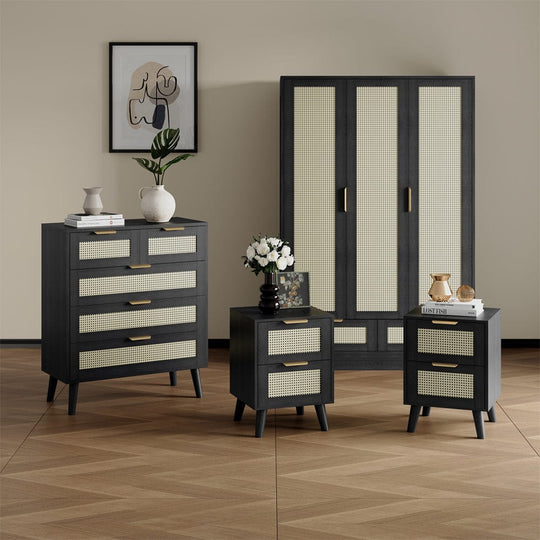 Boho 4 Piece Rattan Bedroom Wardrobe Set With Chest Drawer And Bedside Table
