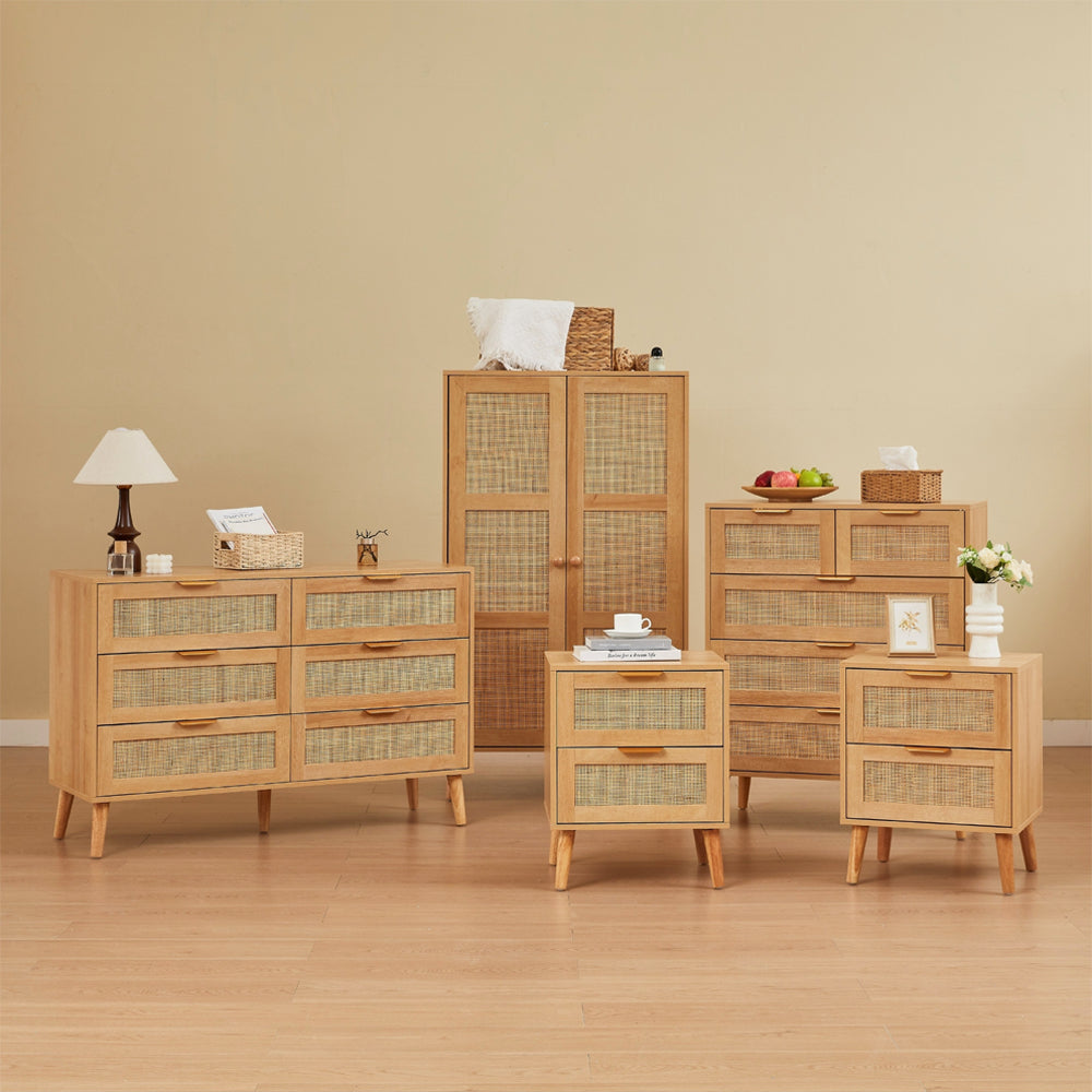 Boho 5‑Piece Rattan Bedroom Wardrobe Set with Chests and Bedside Cabinets