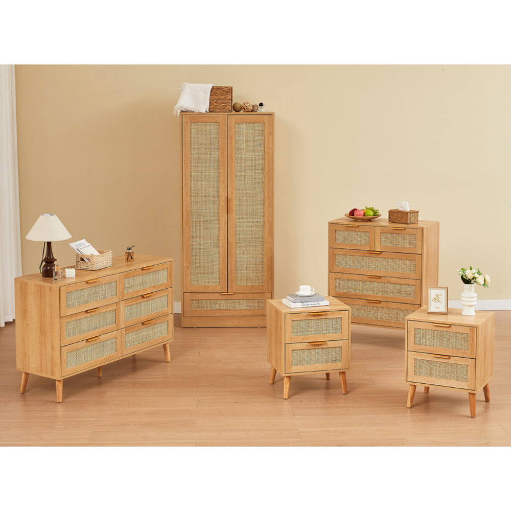 Nature Boho 5‑Piece Rattan Bedroom Set with Wardrobe and Cabinets