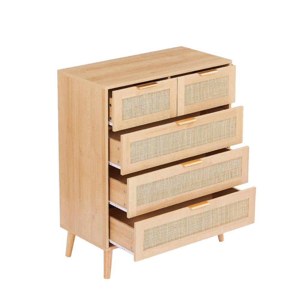 Nature Boho 5‑Piece Rattan Bedroom Set with Wardrobe and Cabinets