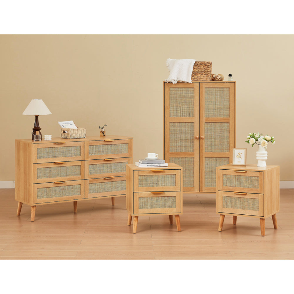 Nature Boho 4-Piece Rattan Bedroom Set with Wardrobe and Cabinets
