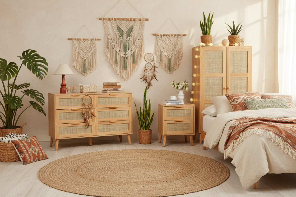 Nature Boho 4-Piece Rattan Bedroom Wardrobe Set With Chests and Bedside Cabinets
