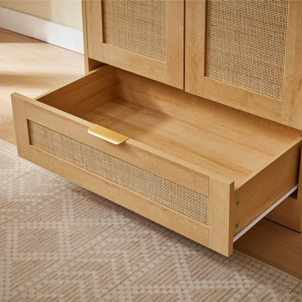 Boho 4-Piece Rattan Bedroom Set with 2-Door Wardrobe and Chest and Bedside Cabinets