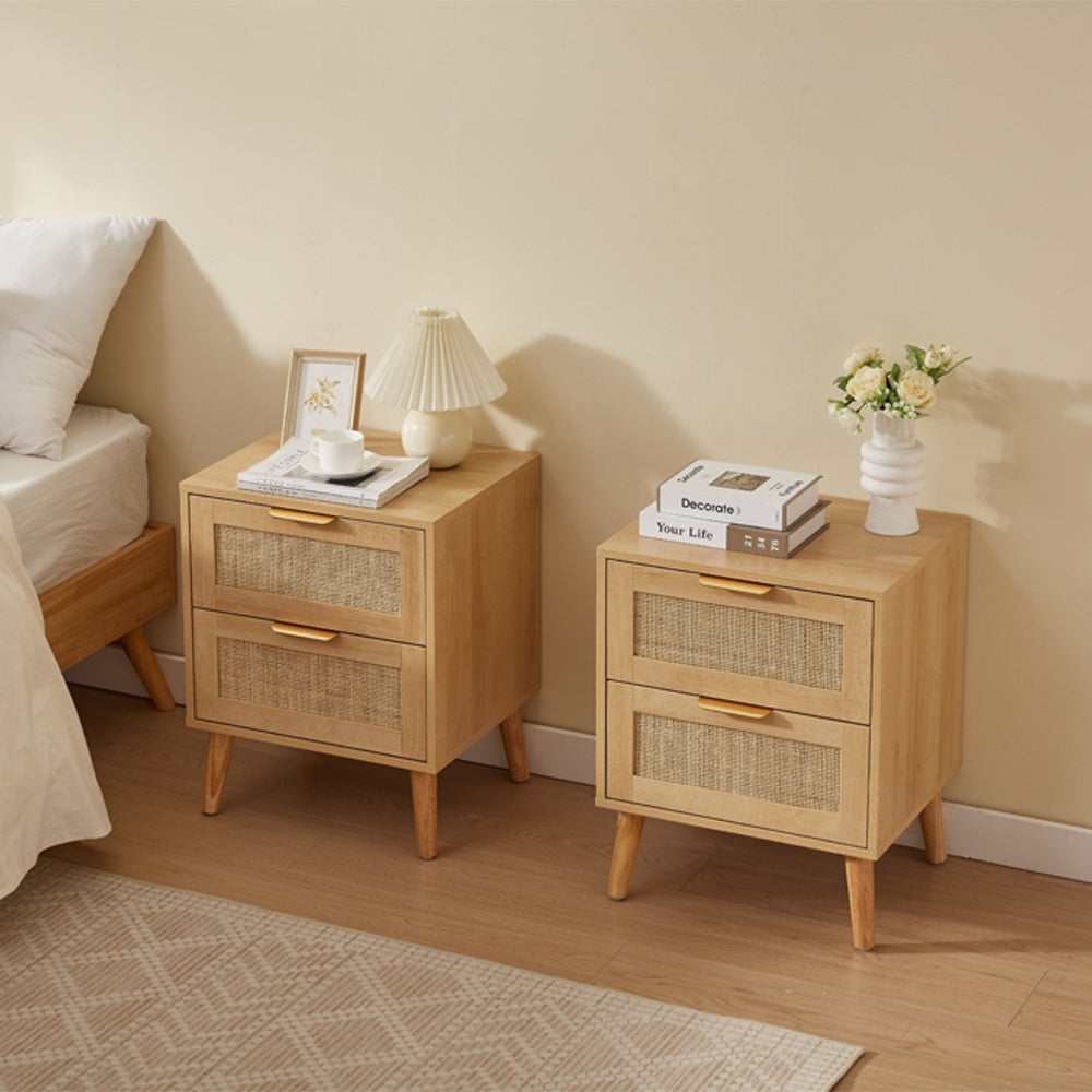 Boho 4-Piece Rattan Bedroom Set with 2-Door Wardrobe and Chest and Bedside Cabinets