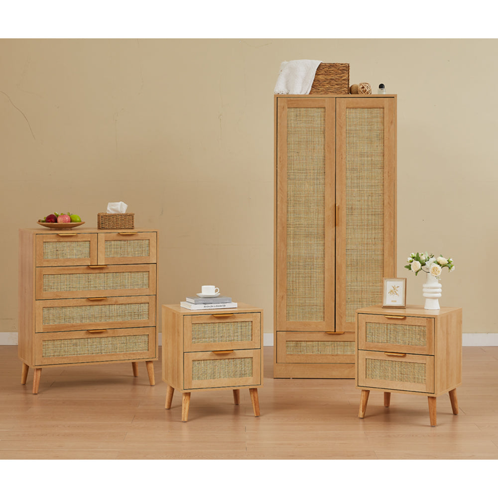 Boho 4-Piece Rattan Bedroom Set with 2-Door Wardrobe and Chest and Bedside Cabinets
