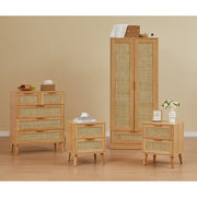 Boho 4-Piece Rattan Bedroom Set with 2-Door Wardrobe and Chest and Bedside Cabinets