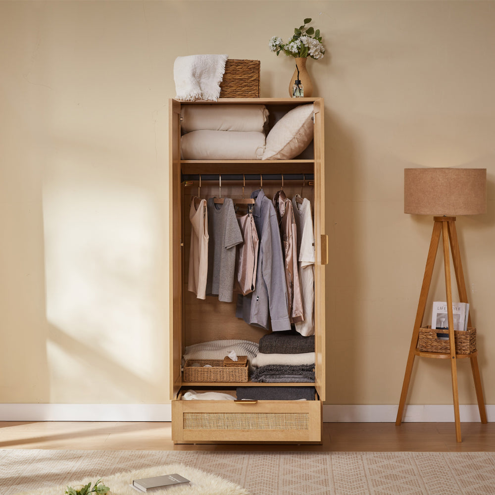 Boho 4-Piece Rattan Bedroom Set with 2-Door Wardrobe and Chest and Bedside Cabinets