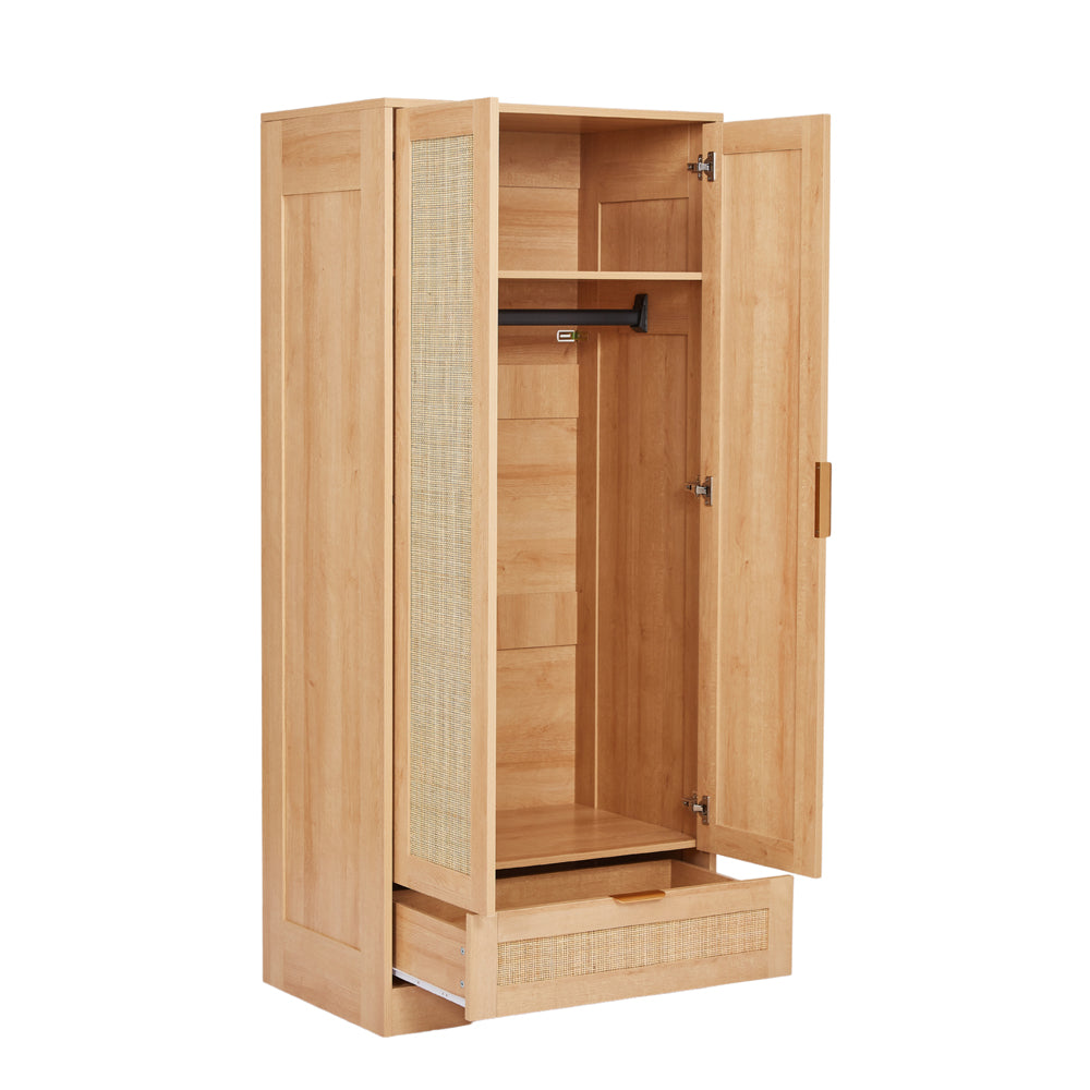 Boho 4-Piece Rattan Bedroom Set with 2-Door Wardrobe and Chest and Bedside Cabinets