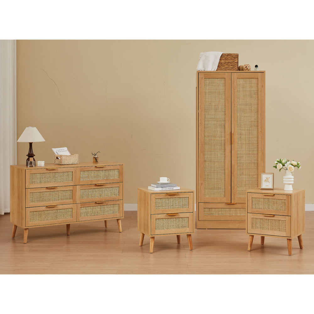 Boho 4-Piece Rattan Bedroom Set with 2 Door Wardrobe and 6-Drawer Chest and Bedside Cabinets