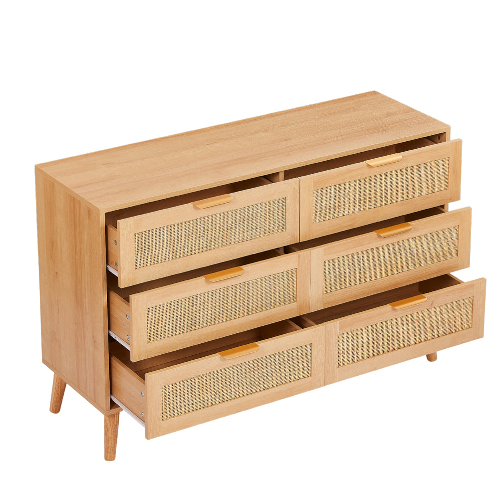 Boho 4-Piece Rattan Bedroom Set with 2 Door Wardrobe and 6-Drawer Chest and Bedside Cabinets