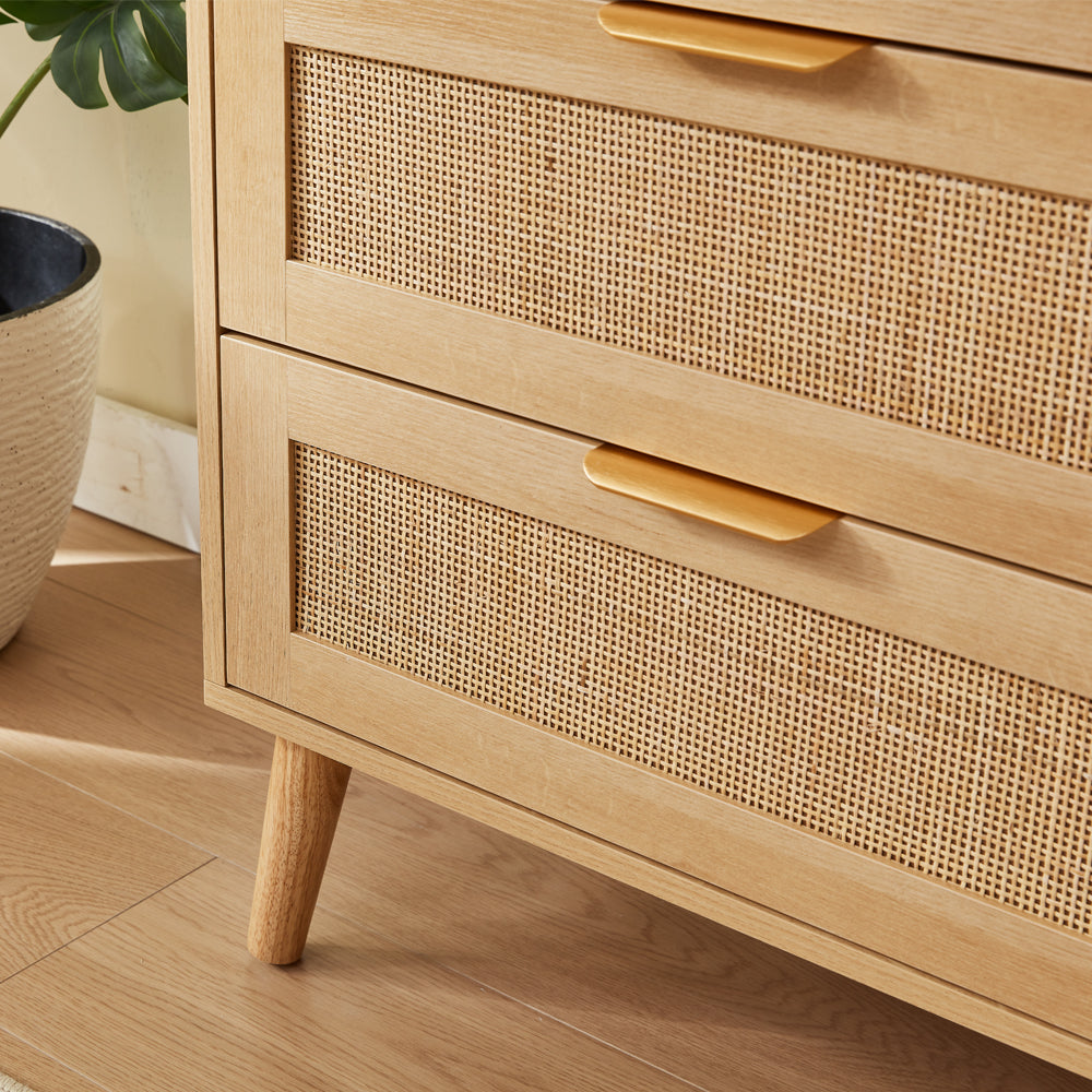 Boho 4-Piece Rattan Bedroom Set with 2 Door Wardrobe and 6-Drawer Chest and Bedside Cabinets