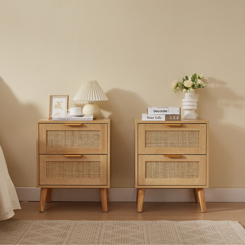 Boho 4-Piece Rattan Bedroom Set with 2 Door Wardrobe and 6-Drawer Chest and Bedside Cabinets