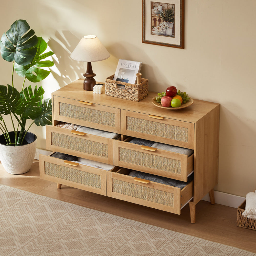 Boho 4-Piece Rattan Bedroom Set with 2 Door Wardrobe and 6-Drawer Chest and Bedside Cabinets