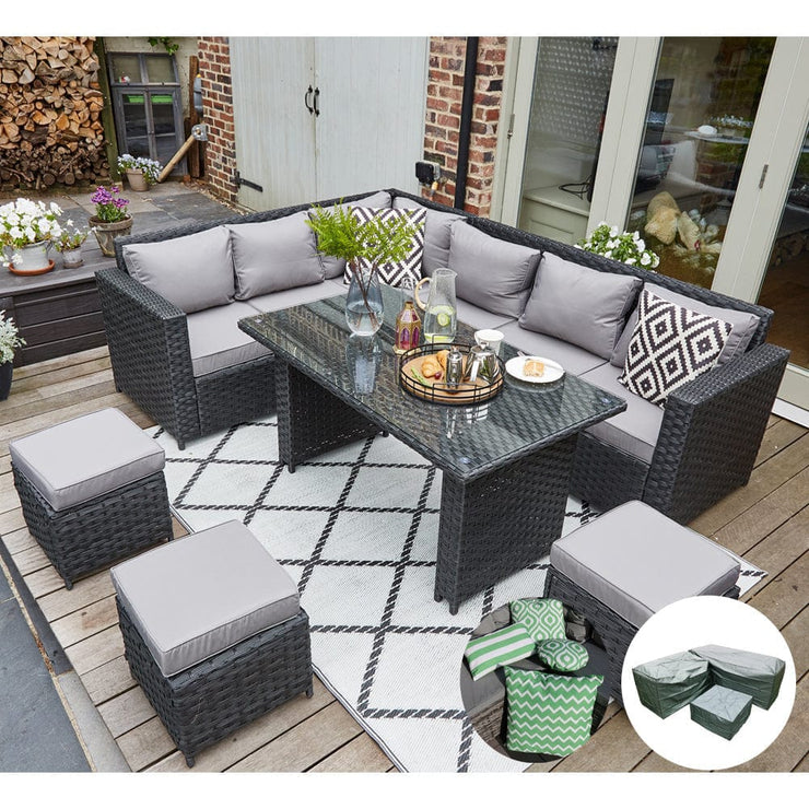 Barcelona 9 Seater Rattan Garden Furniture Dining Set In Black