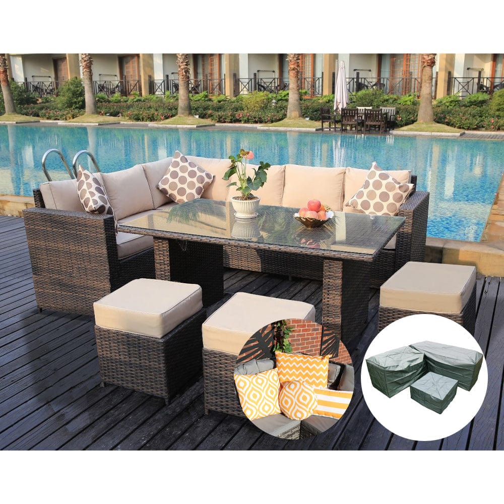 Barcelona 9 seater rattan top garden furniture dining set