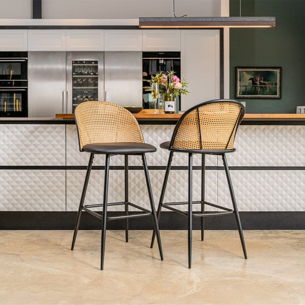 Set Of 2 Boho PE Rattan Bar Stool Bar Chairs With PU Or Boucle Upholst ...