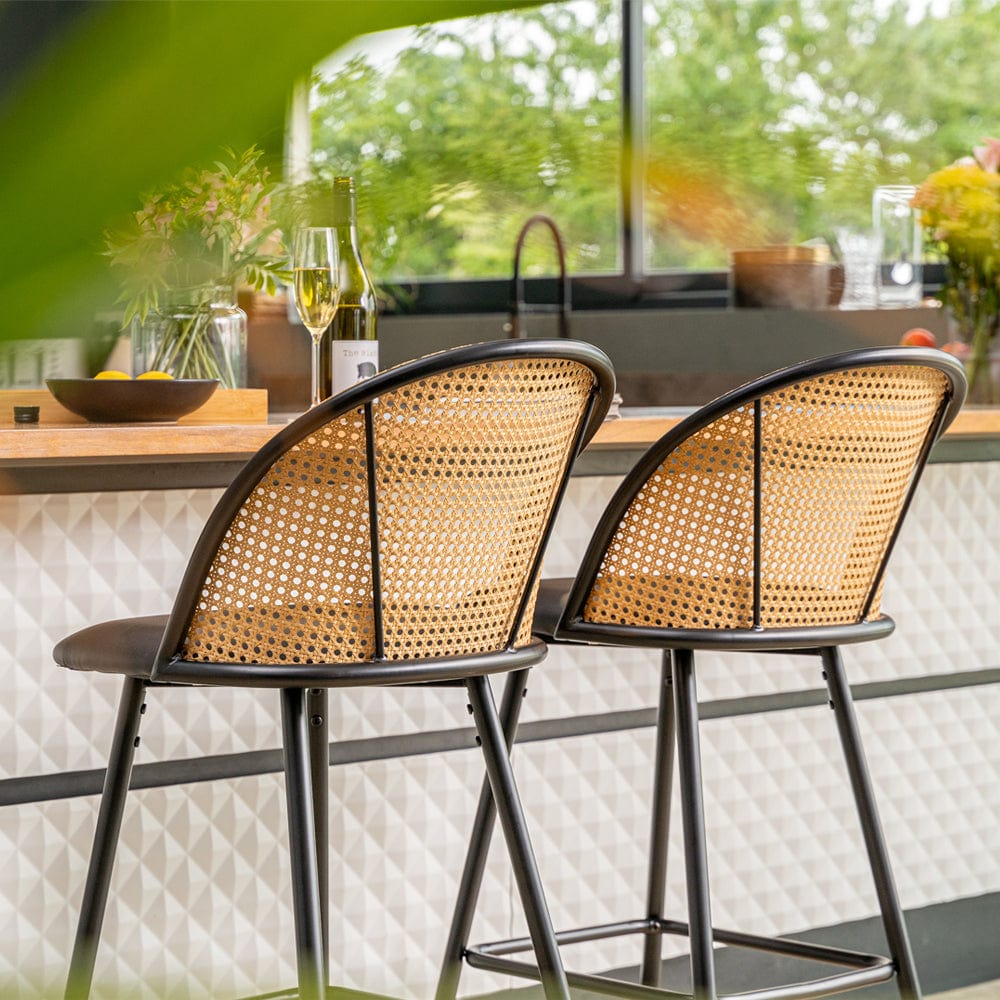 Set Of 2 Boho PE Rattan Bar Stool Bar Chairs With PU Or Boucle Upholstery