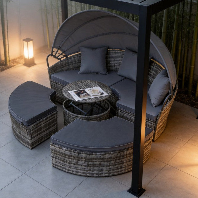 Camrose Rattan Garden Furniture Day Bed With Rising Table in Grey