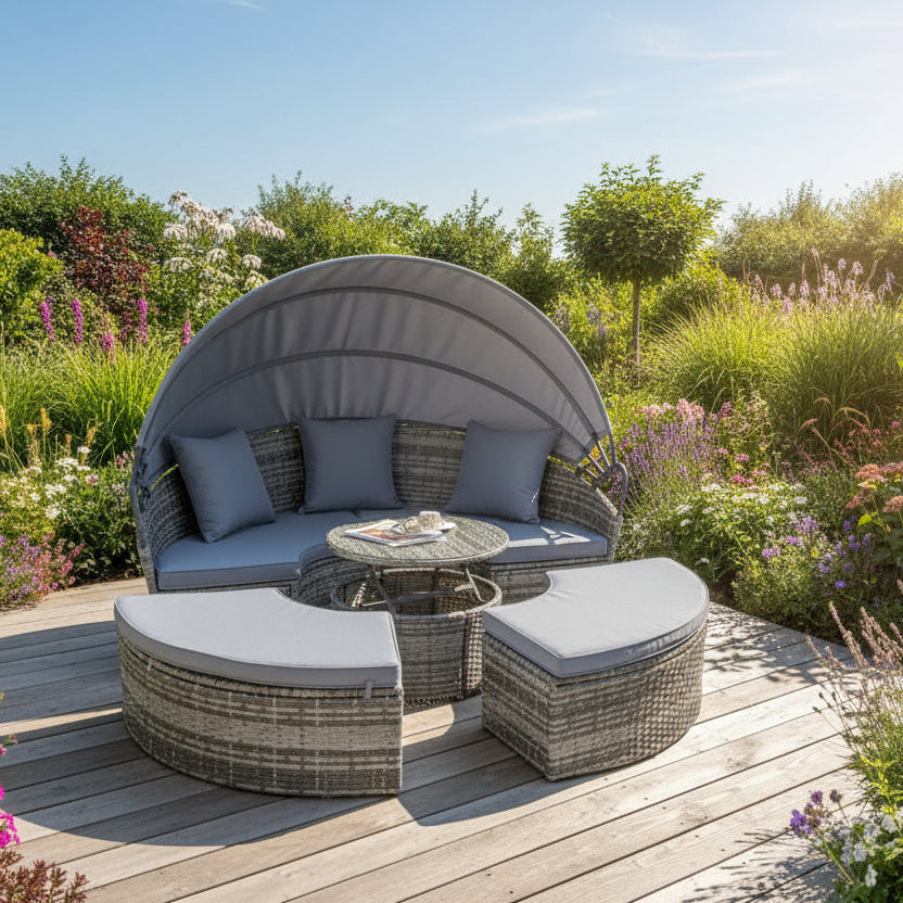 Camrose Rattan Garden Furniture Day Bed With Rising Table in Grey