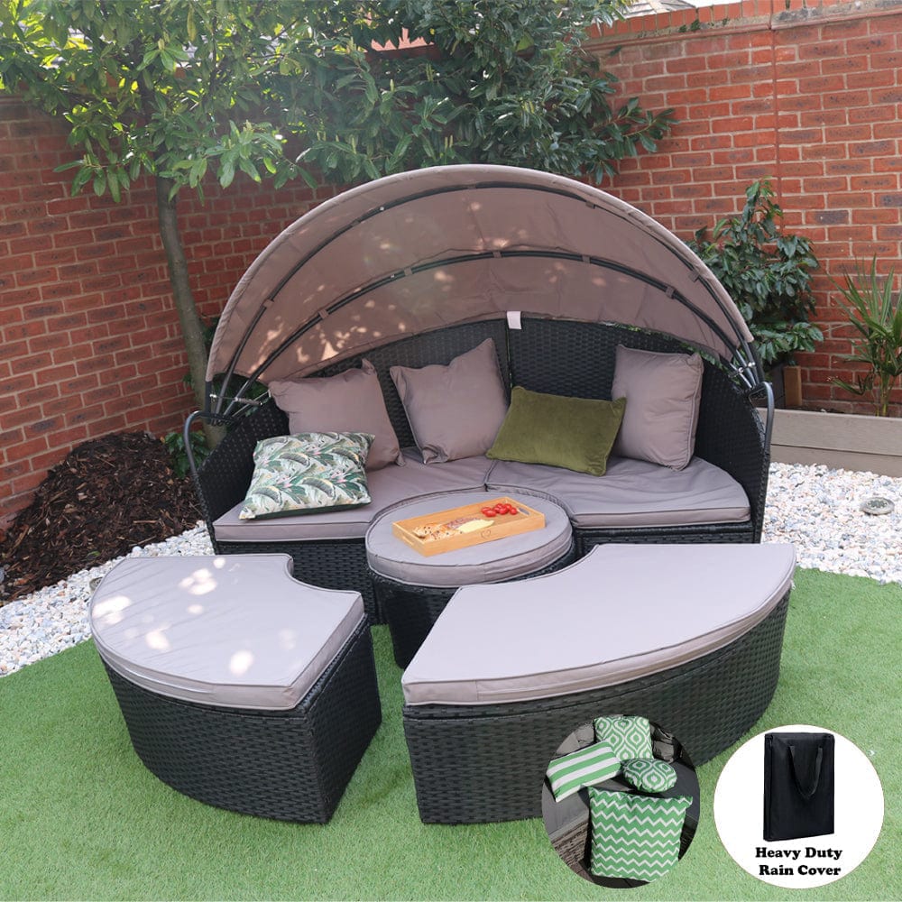 Camrose Rattan Garden Furniture Day Bed With Lift Up Table in Black